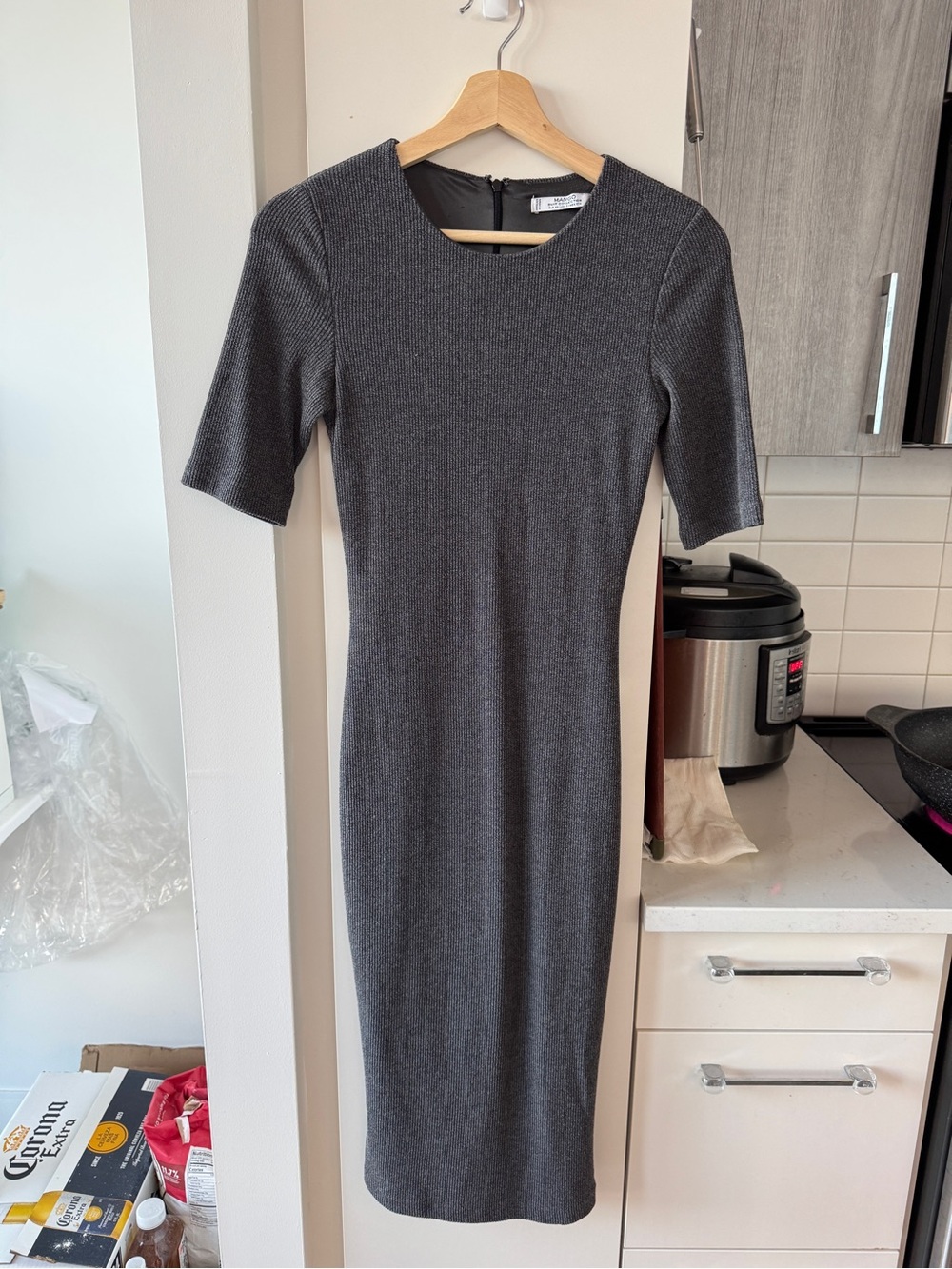 Mango Gray Ribbed Knit Midi Dress